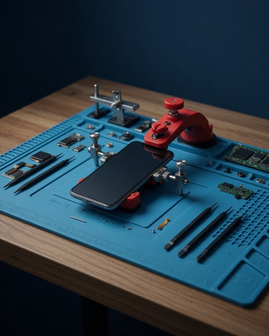 Phone screen repair on the bench — suction jig, pry tools, parts, and mat